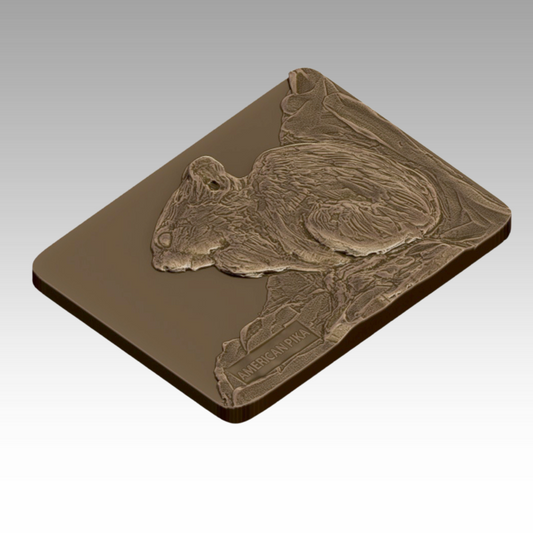 A bronze tactile sculpture of an American pika, showing its rounded body and large ears to help visitors explore alpine wildlife through touch