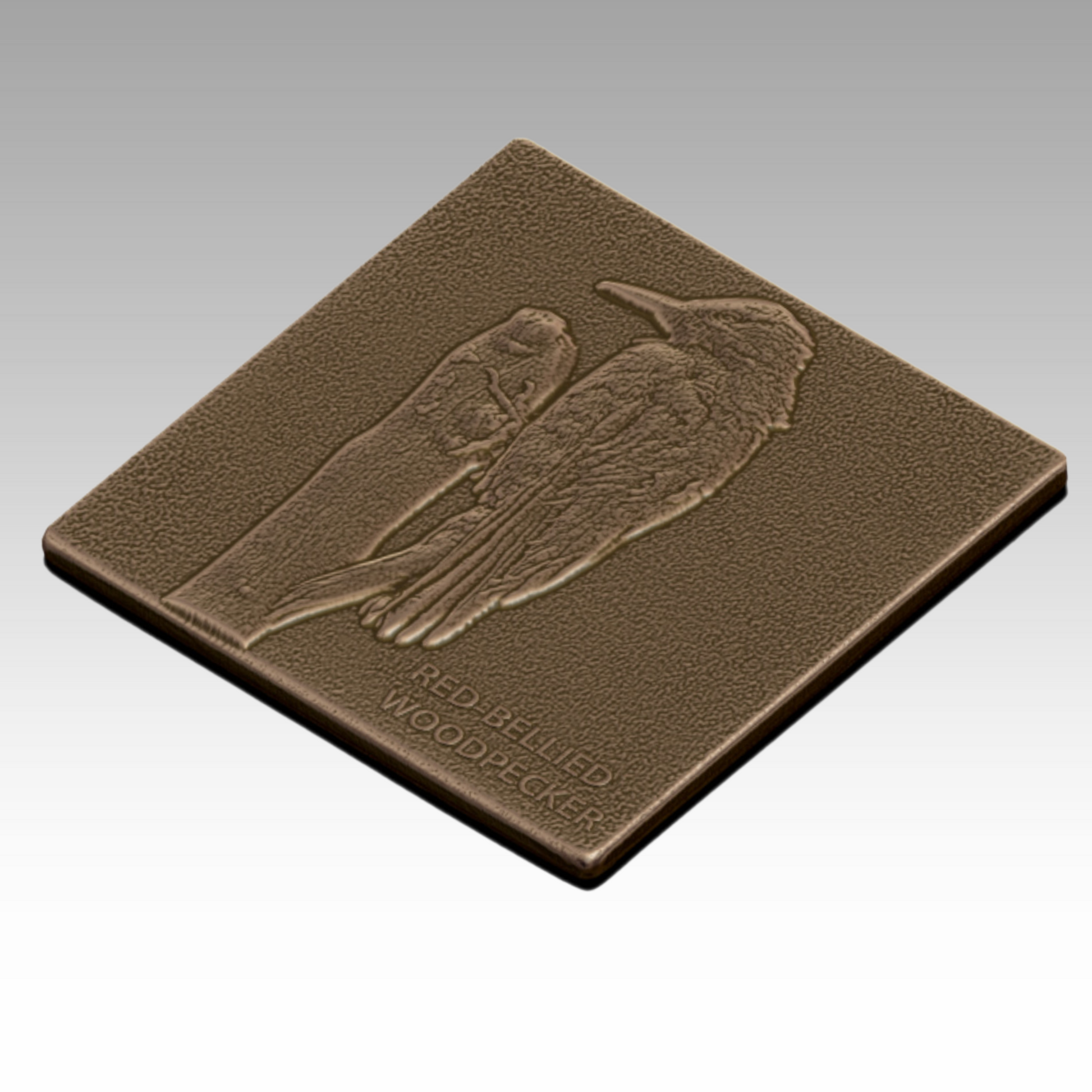 A bronze tactile sculpture of a red-bellied woodpecker, showing its upright stance and strong beak to help visitors explore bird adaptations through touch.