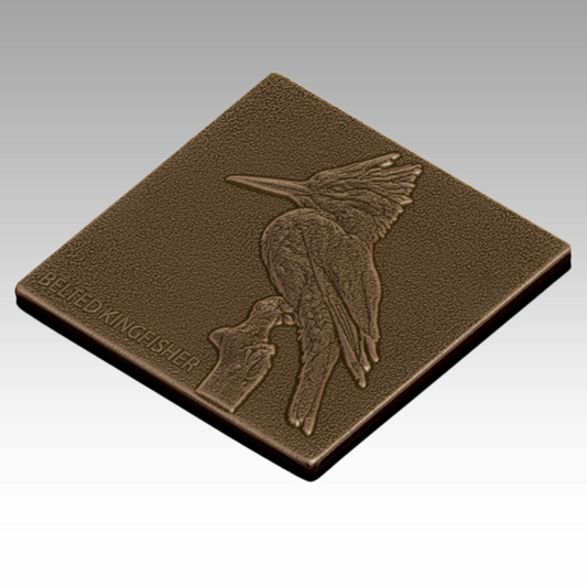 A bronze tactile sculpture of a kingfisher, showing its distinctive beak and body shape to help visitors explore bird adaptations through touch.